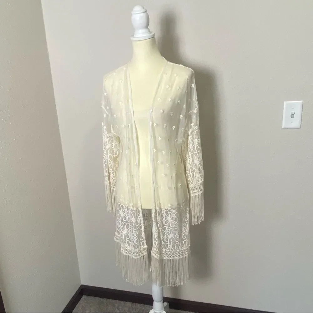 Indigo Thread Co. Boho Beachy Embroidered Cardigan/Swim Cover Up Women's Size L